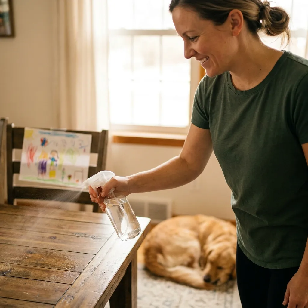 Cleaner spraying a plain bottle on a wooden table during eco friendly green cleaning services in Kansas City, with a dog sleeping in the background