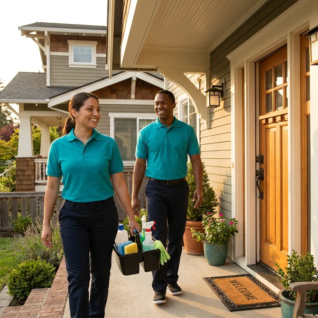 Two cleaners with a supply caddy arriving at a family home for maid service in Kansas City