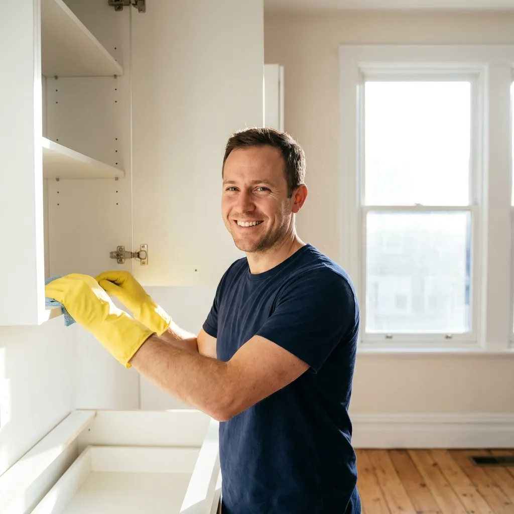 Cleaner wiping out empty kitchen cabinets during a move out cleaning in Kansas City