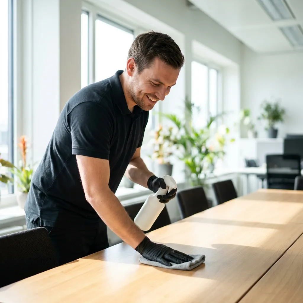 Commercial cleaner sanitizing a conference table during office cleaning in Kansas City