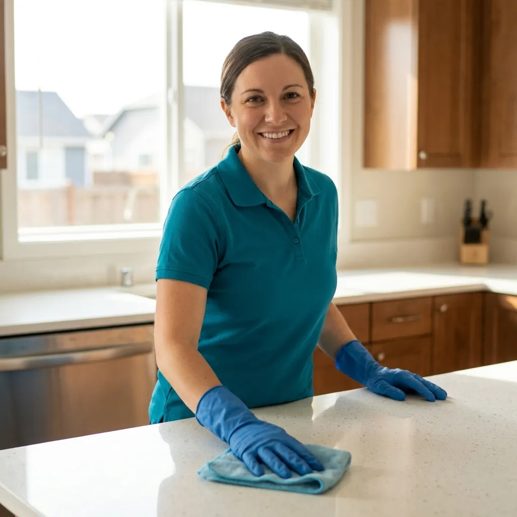 Friendly All About Cleaning house cleaner wiping a kitchen counter in a Kansas City home