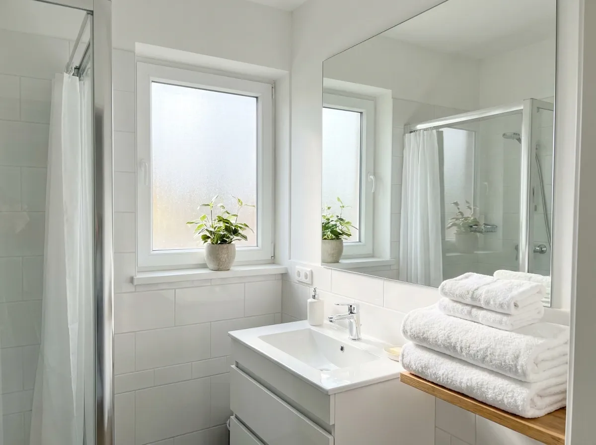 Clean small restroom vanity with a polished mirror