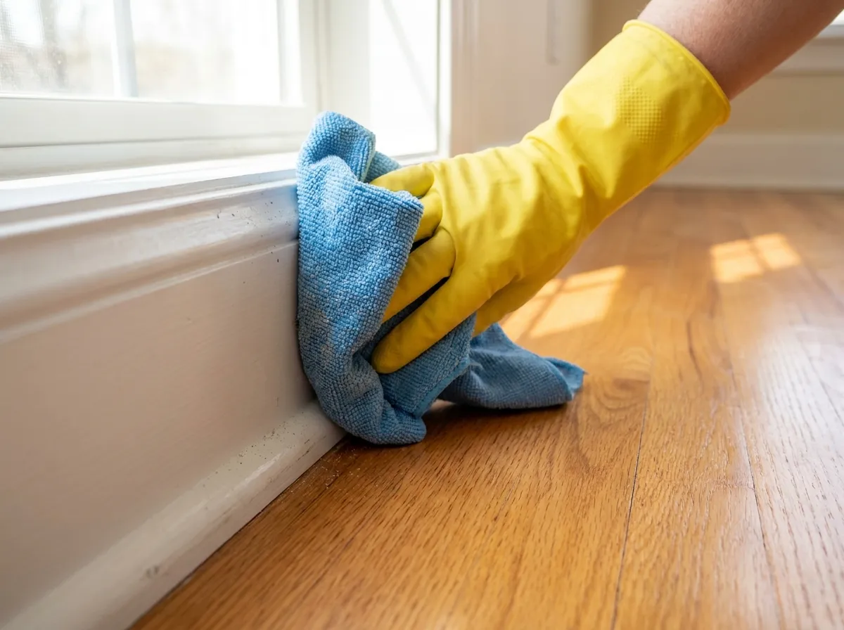 Cleaner wiping a white baseboard with a microfiber cloth