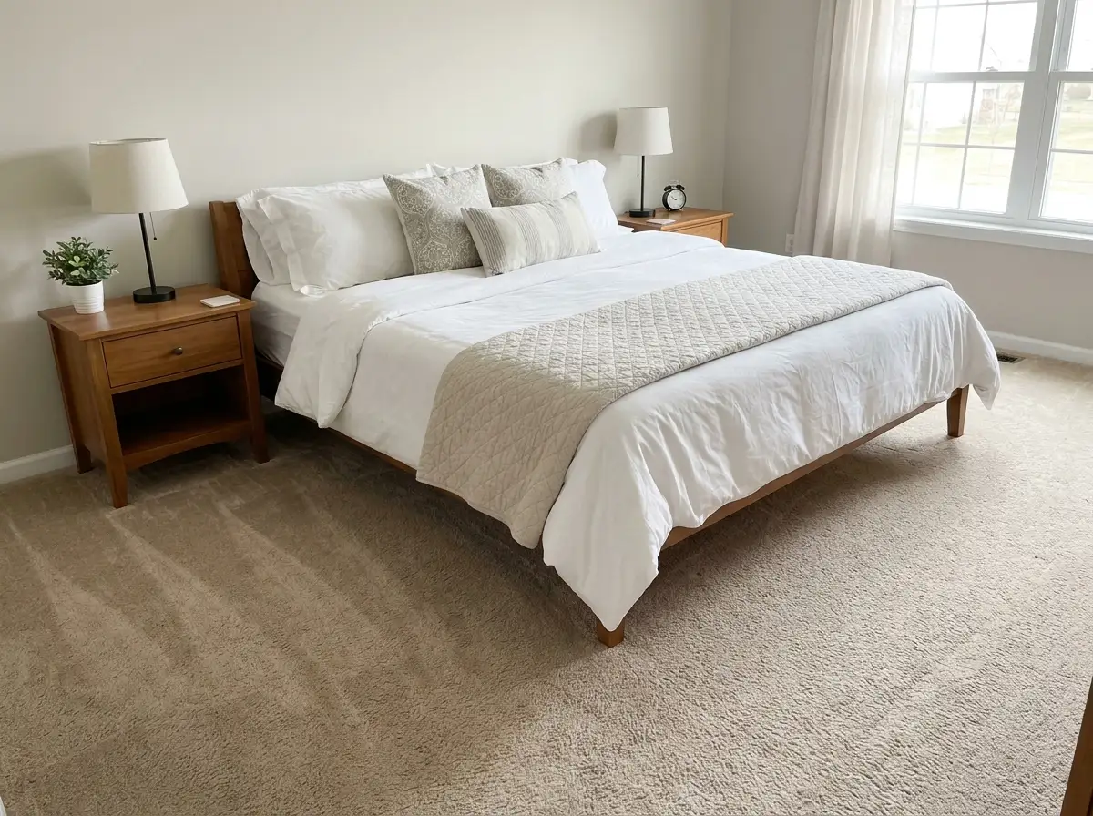 Neatly made bedroom with dust-free nightstands and fresh vacuum lines
