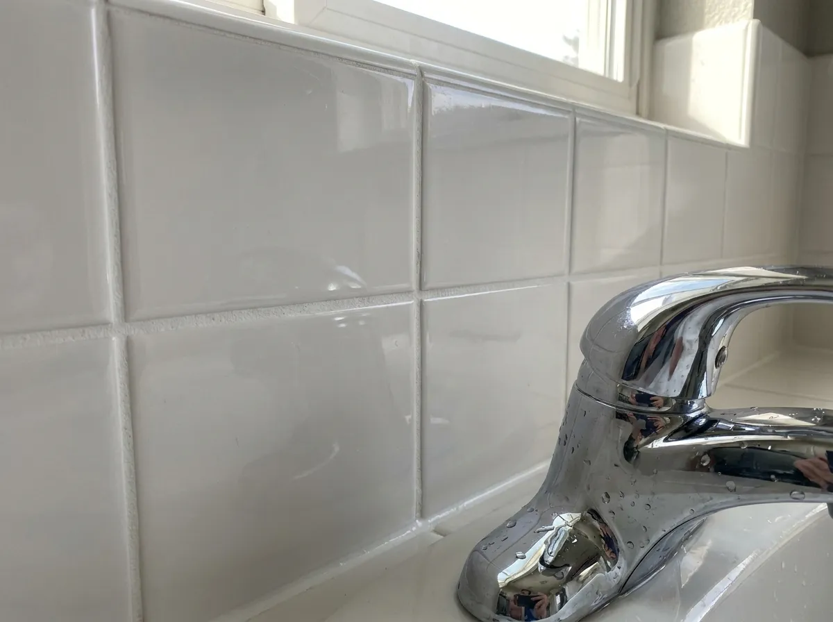 Scrubbed white tile grout beside a polished chrome faucet