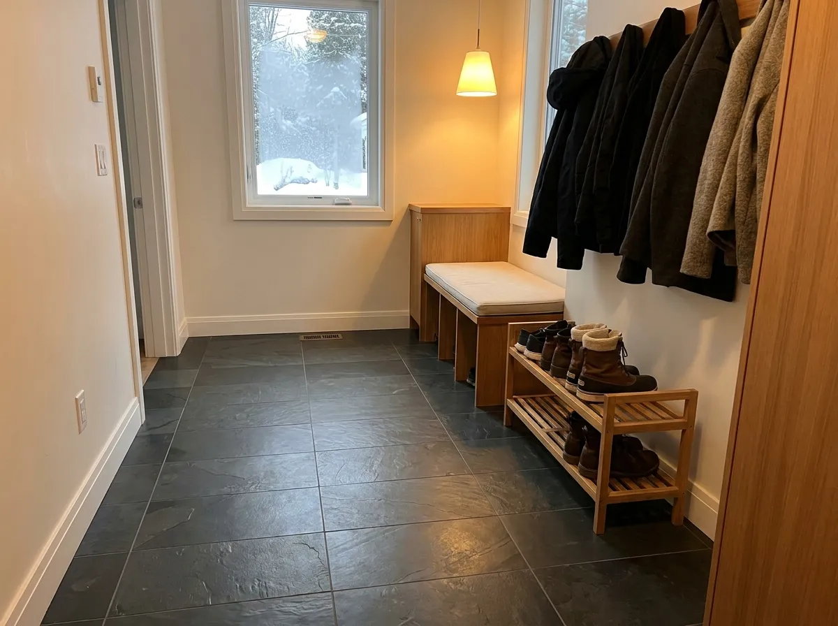 Clean mudroom entryway with spotless tile floor and tidy bench