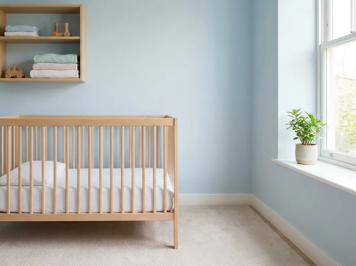Bright, freshly cleaned nursery with a tidy crib and clean floor