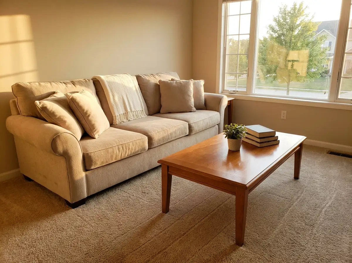 Tidy living room with fluffed cushions and a vacuumed rug