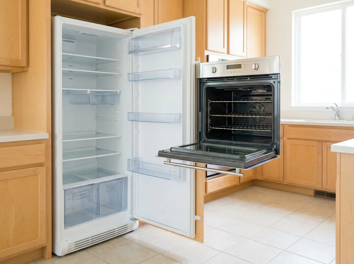 Spotless empty refrigerator and oven interiors ready for a move-out inspection