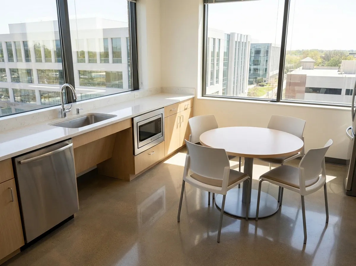 Spotless office break room with clean counters and table