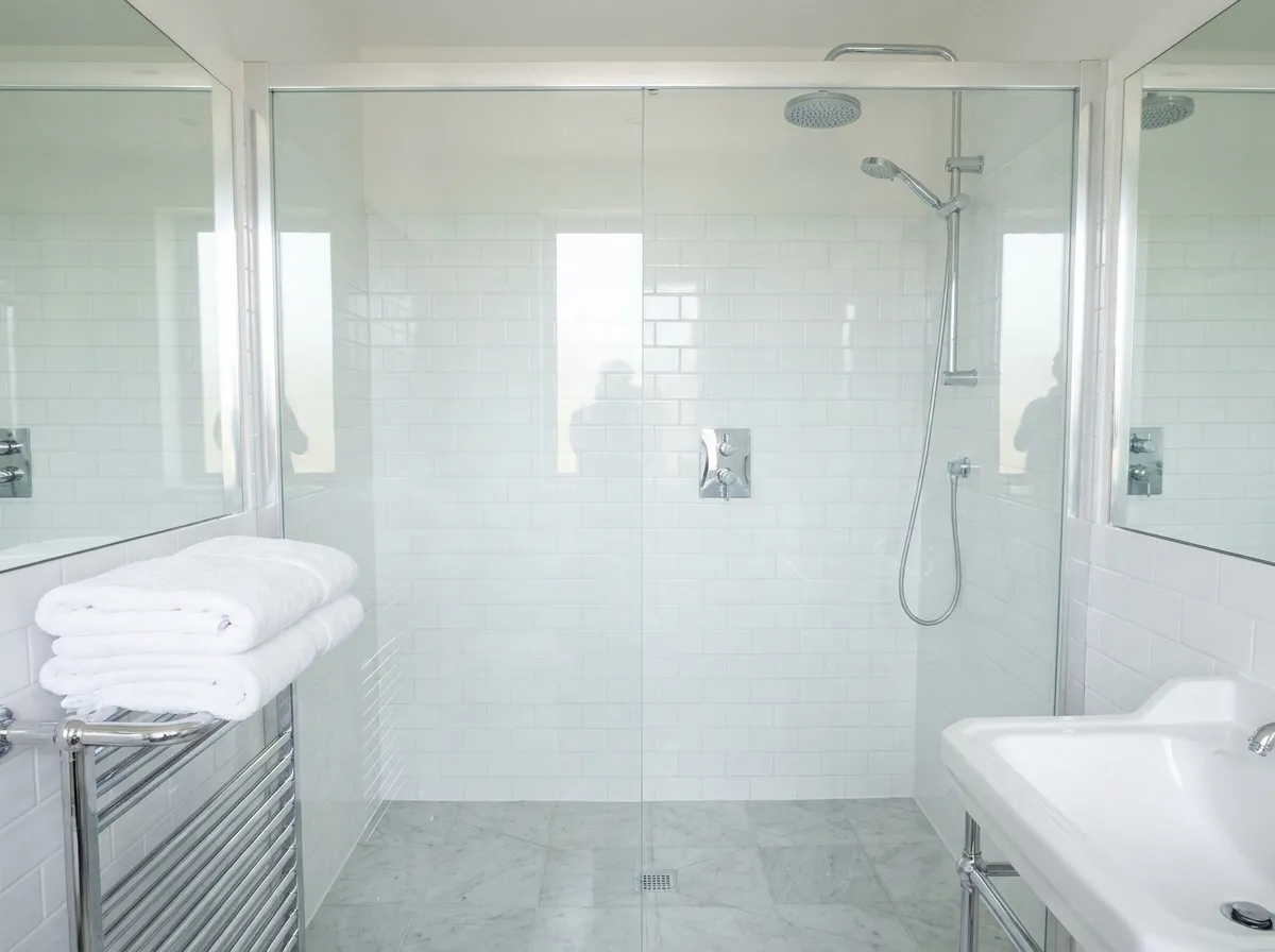 Sparkling glass shower and tiled bathroom without water spots