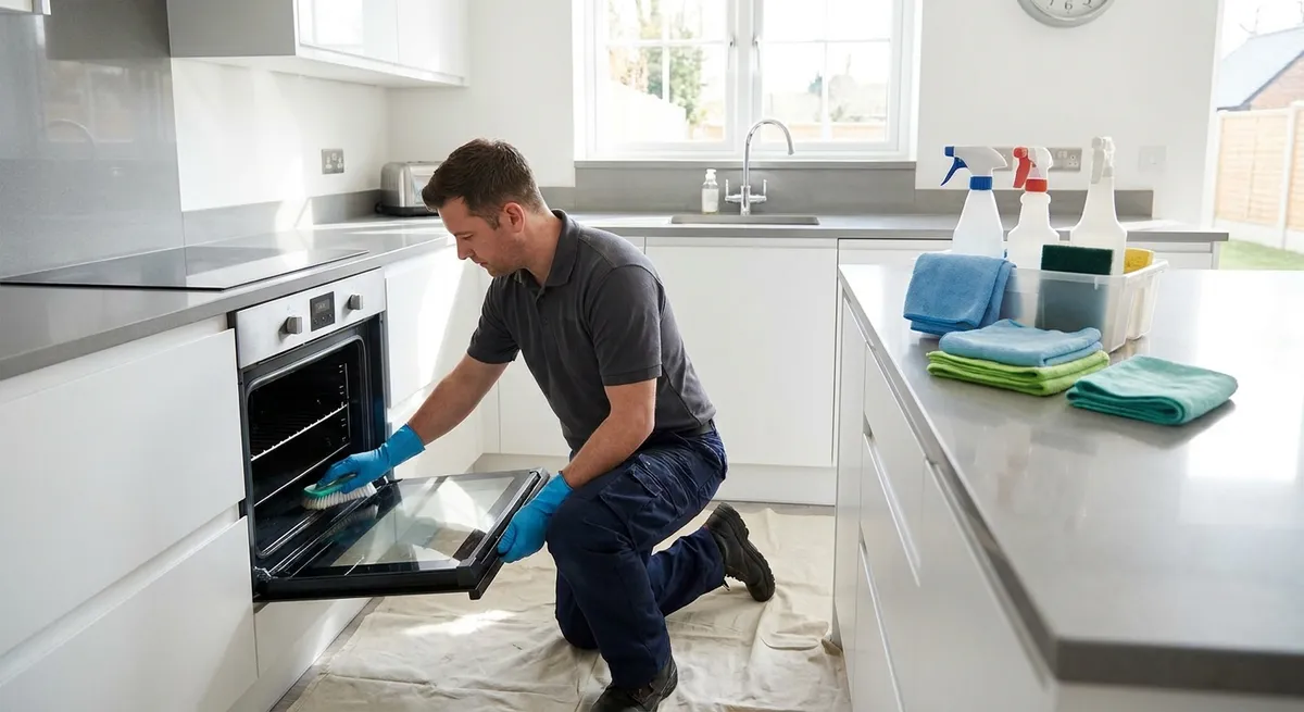 Cleaner scrubbing the inside of an oven during a deep clean