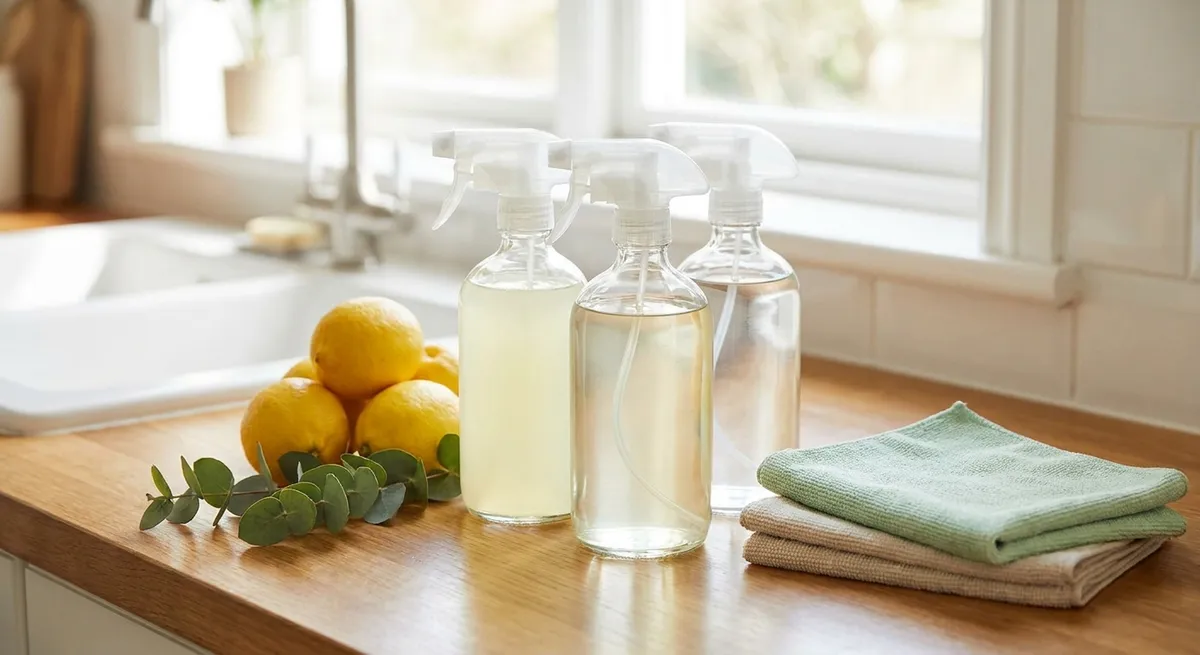 Eco-friendly cleaning supplies with lemons and green leaves on a counter
