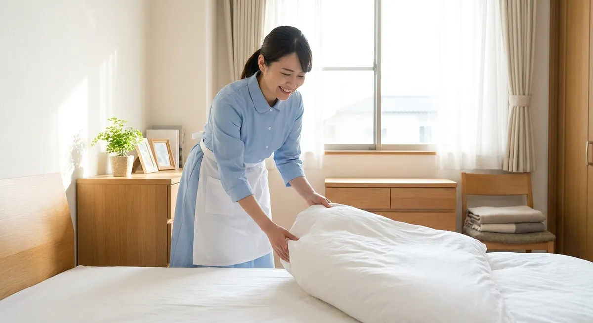 Maid making a bed with crisp white linens