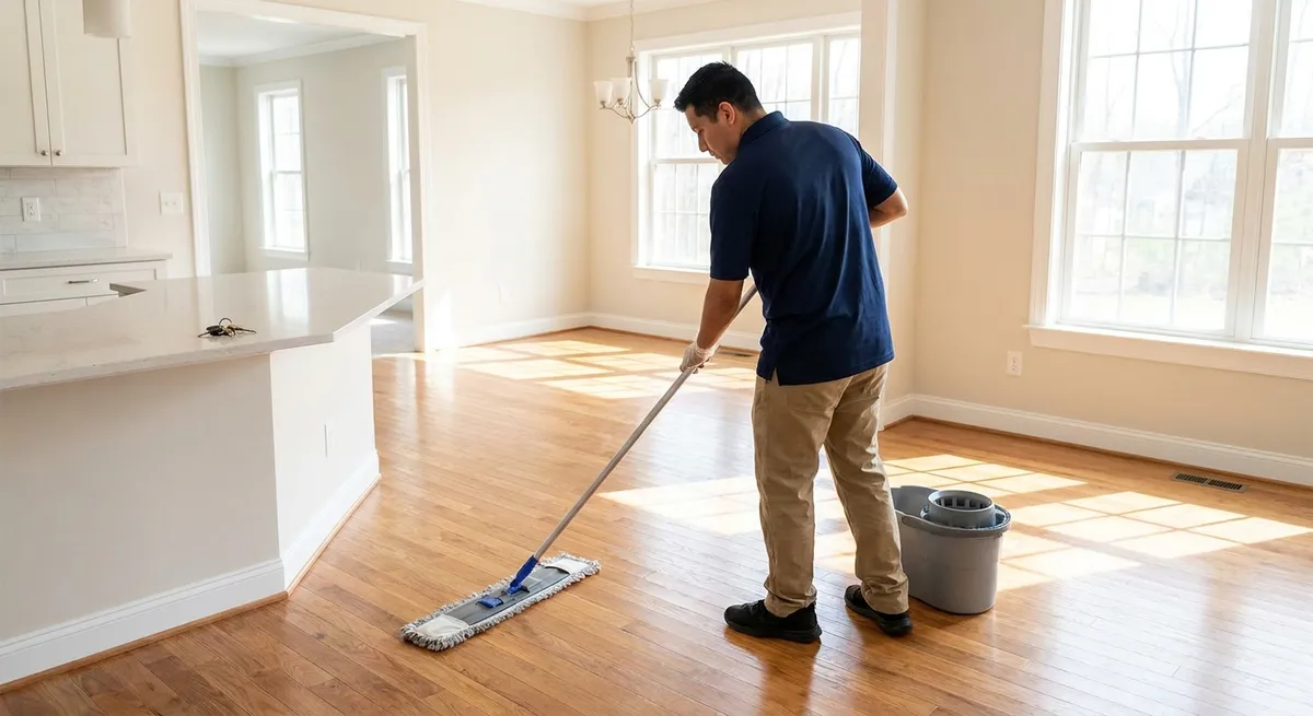 Cleaner mopping the floor of an empty home after a move