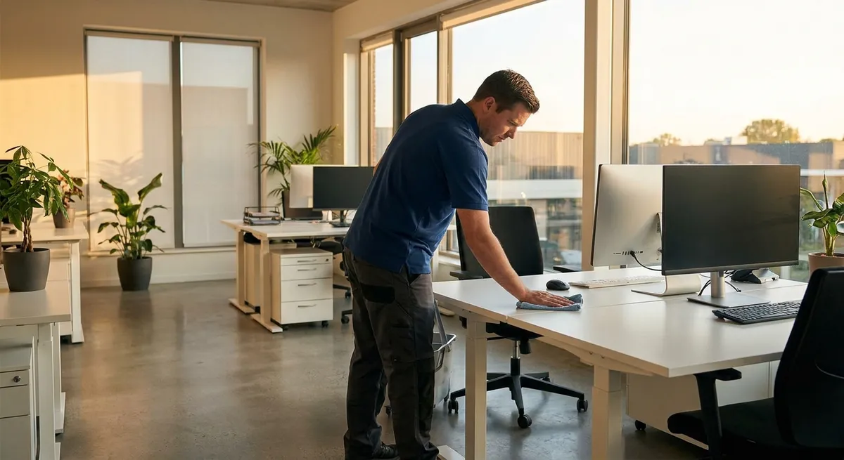 Cleaner wiping down desks in a bright small office